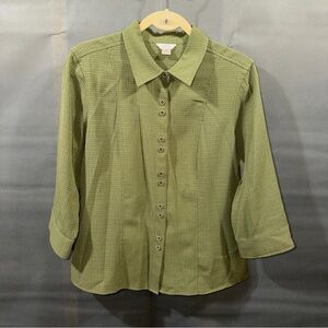 Christopher & Banks Womens Size Medium Olive Green 3/4 Sleeve Button Down Blouse